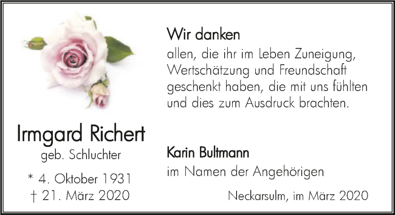  Traueranzeige für Irmgard Richert vom 28.03.2020 aus 