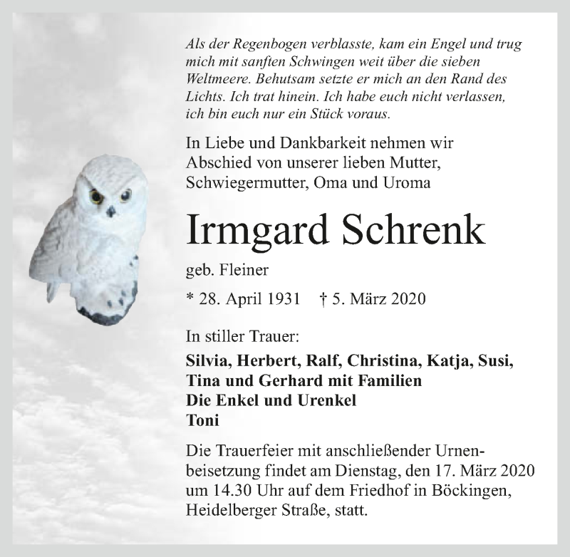  Traueranzeige für Irmgard Schrenk vom 14.03.2020 aus 