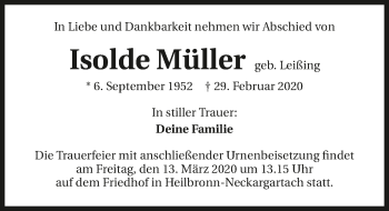 Traueranzeige von Isolde Müller