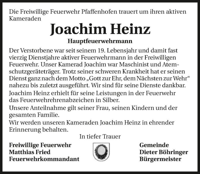  Traueranzeige für Joachim Heinz vom 28.03.2020 aus 