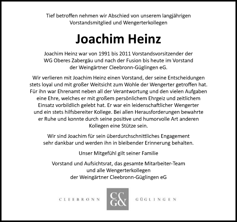  Traueranzeige für Joachim Heinz vom 28.03.2020 aus 