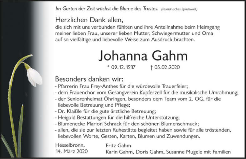  Traueranzeige für Johanna Gahm vom 14.03.2020 aus 