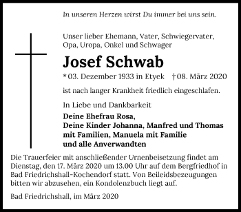 Traueranzeige von Josef Schwab 