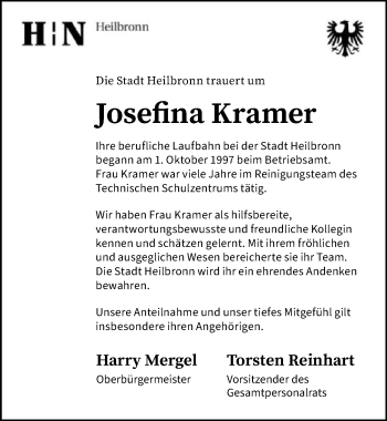Traueranzeige von Josefina Kramer 