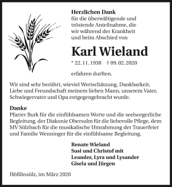 Traueranzeige von Karl Wieland 