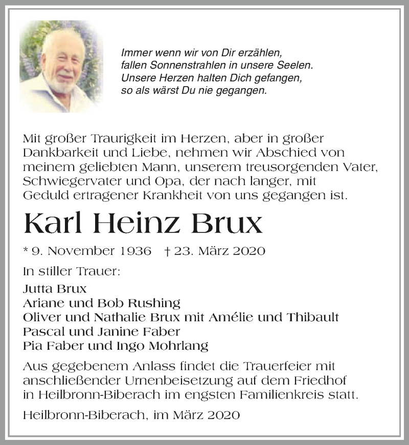  Traueranzeige für Karl Heinz Brux vom 28.03.2020 aus 