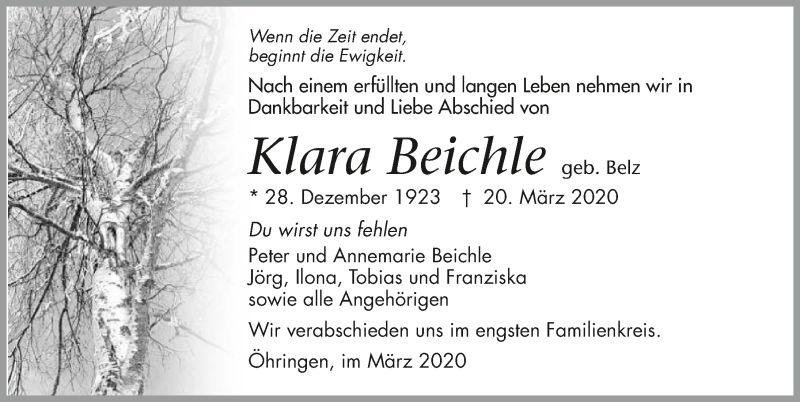  Traueranzeige für Klara Beichle vom 25.03.2020 aus 