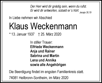 Traueranzeige von Klaus Weckenmann 