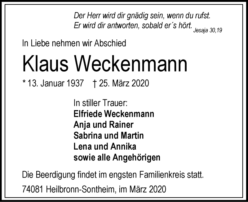  Traueranzeige für Klaus Weckenmann vom 28.03.2020 aus 