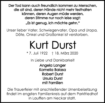 Traueranzeige von Kurt Durst 