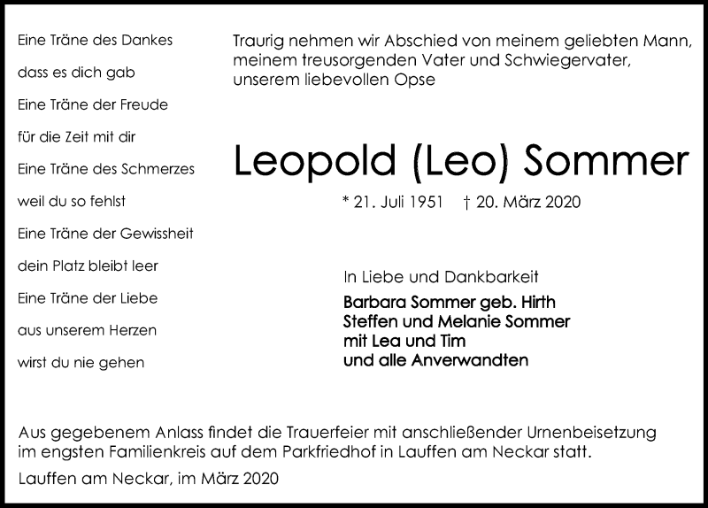  Traueranzeige für Leopold Sommer vom 28.03.2020 aus 