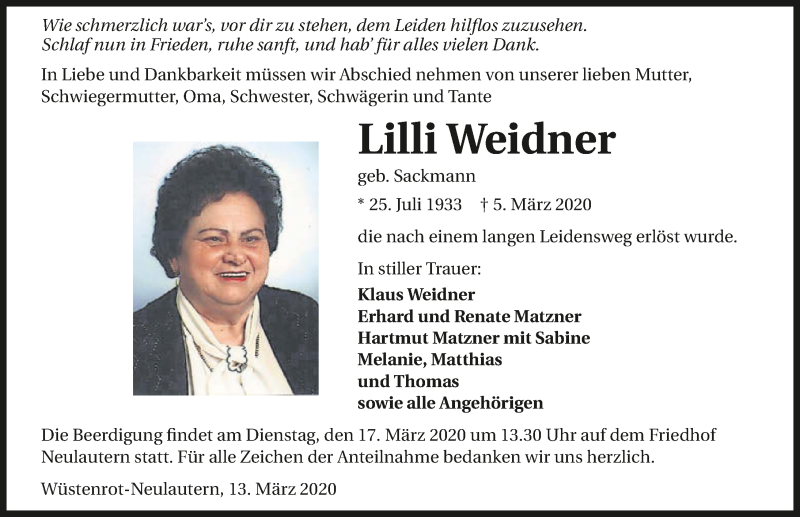  Traueranzeige für Lilli Weidner vom 13.03.2020 aus 