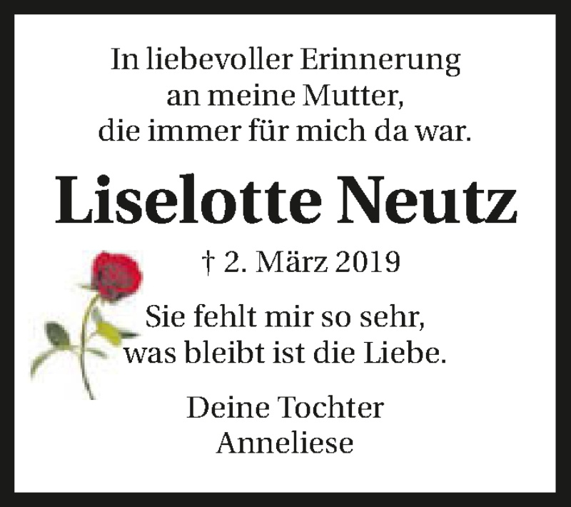 Traueranzeige für Liselotte Neutz vom 02.03.2020 aus 