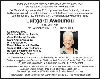 Traueranzeige von Luitgard Awounou 