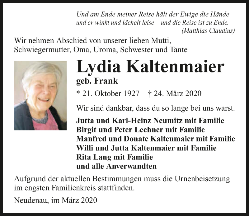  Traueranzeige für Lydia Kaltenmaier vom 28.03.2020 aus 