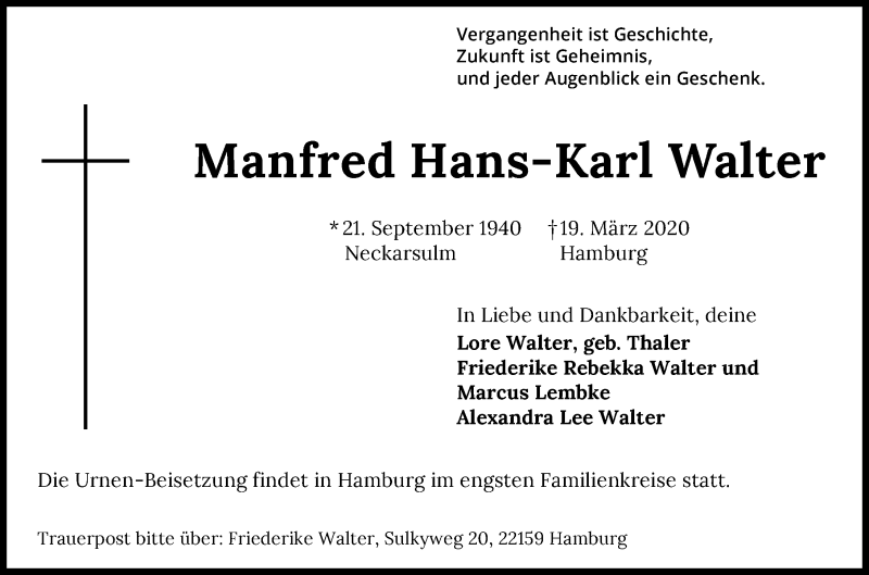  Traueranzeige für Manfred Hans-Karl Walter vom 28.03.2020 aus 