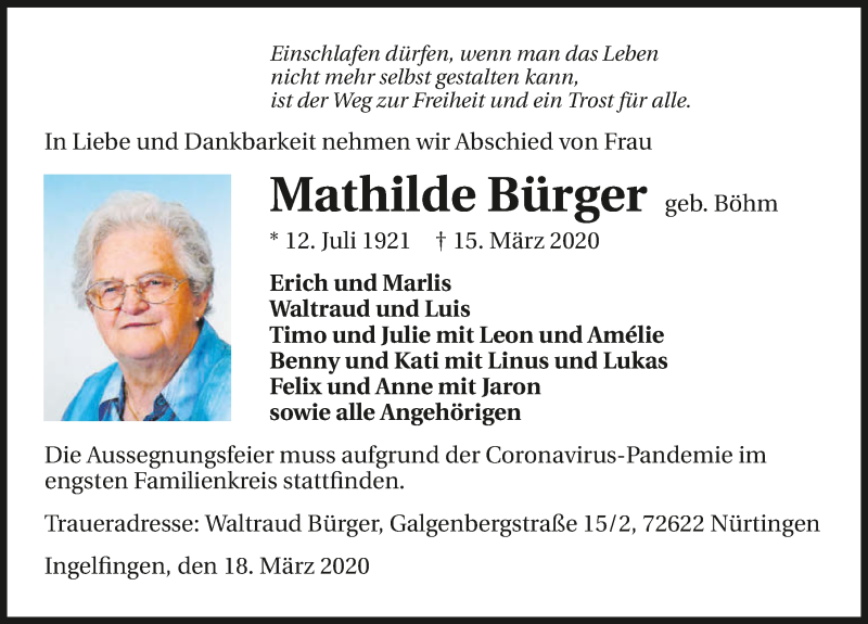  Traueranzeige für Mathilde Bürger vom 18.03.2020 aus 