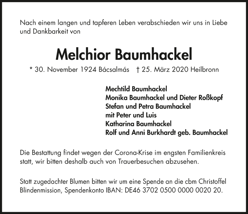  Traueranzeige für Melchior Baumhackel vom 28.03.2020 aus 