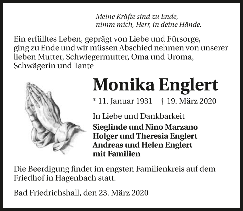  Traueranzeige für Monika Englert vom 23.03.2020 aus 