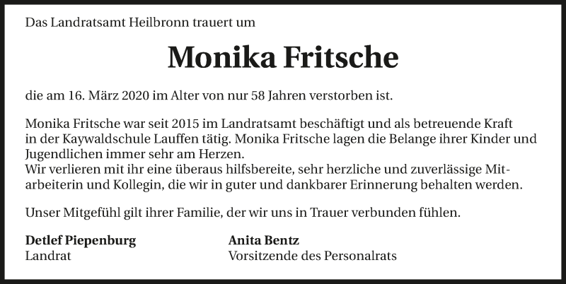  Traueranzeige für Monika Fritsche vom 28.03.2020 aus 