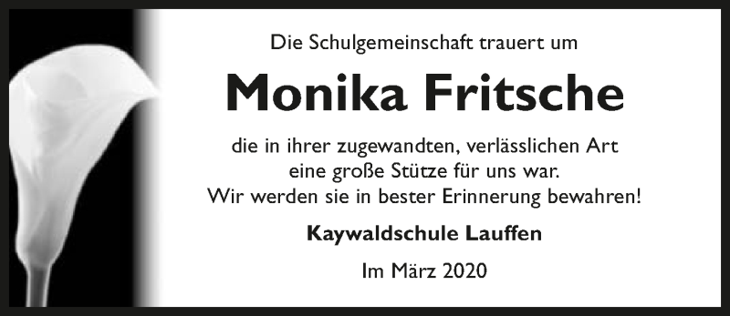  Traueranzeige für Monika Fritsche vom 28.03.2020 aus 