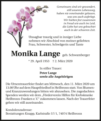 Traueranzeige von Monika Lange 