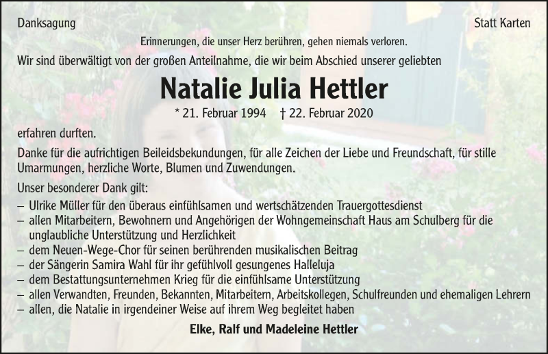  Traueranzeige für Natalie Julia Hettler vom 21.03.2020 aus 