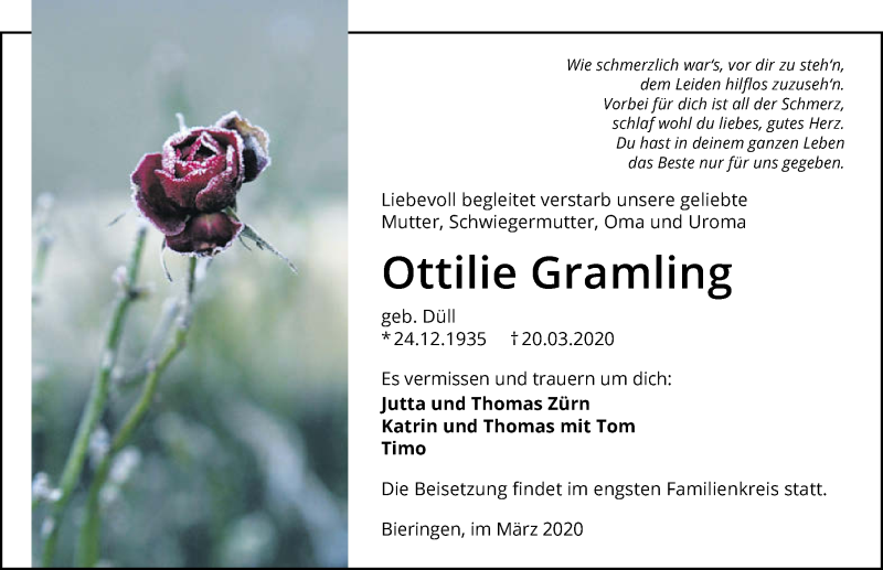  Traueranzeige für Ottilie Gramling vom 25.03.2020 aus 