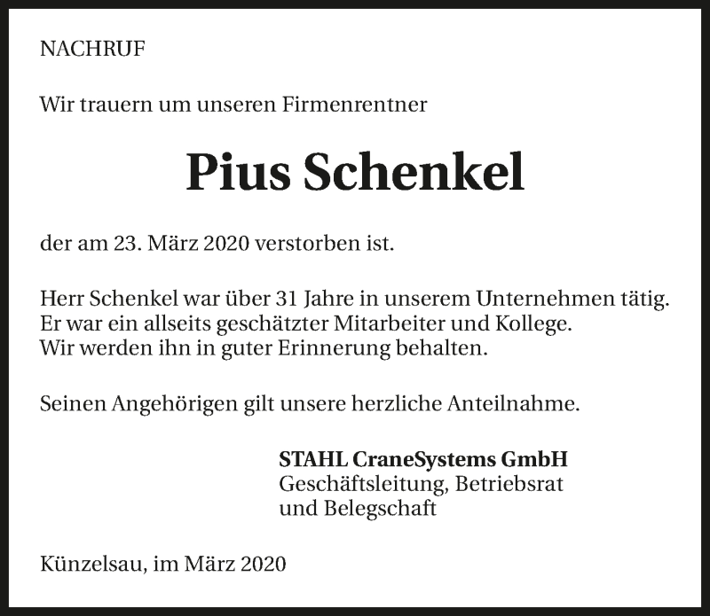  Traueranzeige für Pius Schenkel vom 25.03.2020 aus 