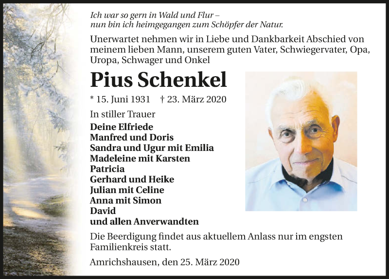  Traueranzeige für Pius Schenkel vom 25.03.2020 aus 