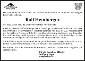 Traueranzeige von Ralf Hemberger 