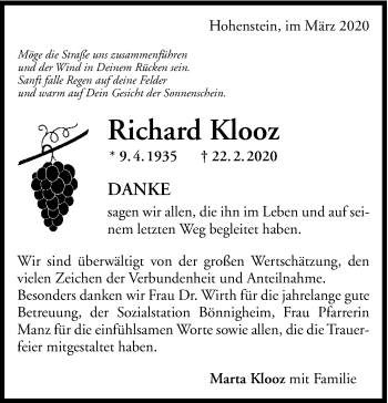 Traueranzeige von Richard Klooz 