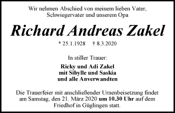 Traueranzeige von Richard Andreas Zakel 