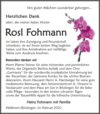 Traueranzeige von Rosalia Fohmann 