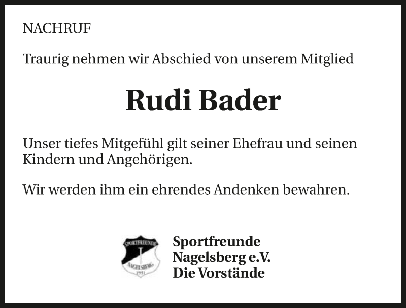  Traueranzeige für Rudi Bader vom 26.03.2020 aus 