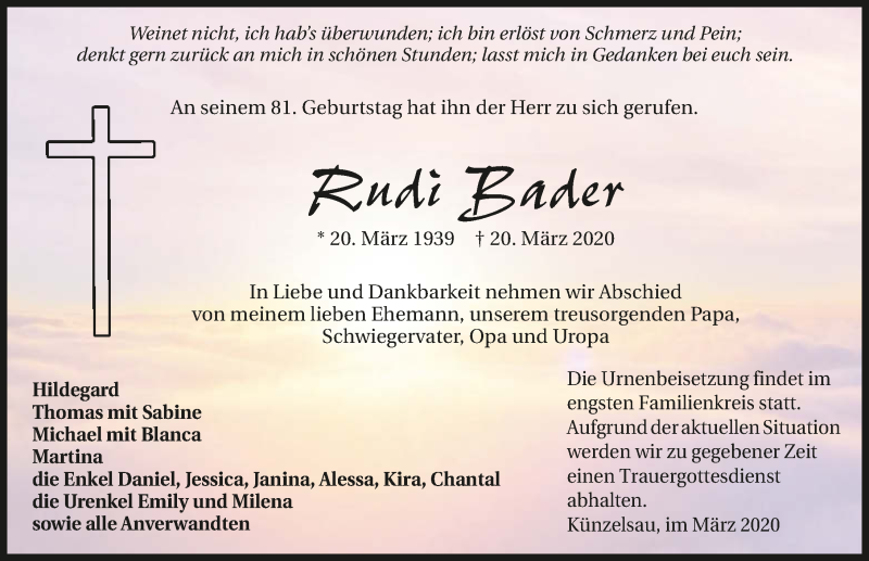  Traueranzeige für Rudi Bader vom 25.03.2020 aus 