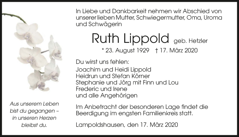  Traueranzeige für Ruth Lippold vom 21.03.2020 aus 