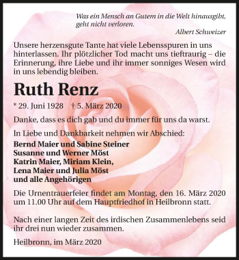 Traueranzeige von Ruth Renz 