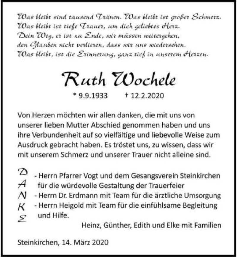  Traueranzeige für Ruth Wochele vom 14.03.2020 aus 