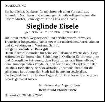 Traueranzeige von Sieglinde Eisele 