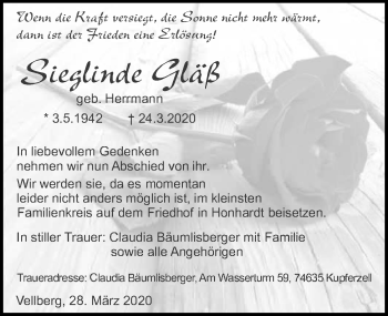 Traueranzeige von Sieglinde Gläß 