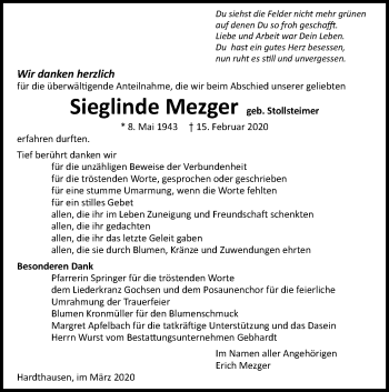 Traueranzeige von Sieglinde Mezger 