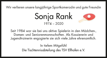 Traueranzeige von Sonja Rank 