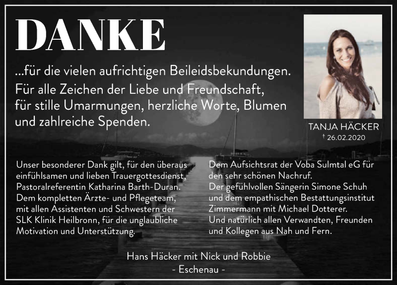  Traueranzeige für Tanja Häcker vom 14.03.2020 aus 