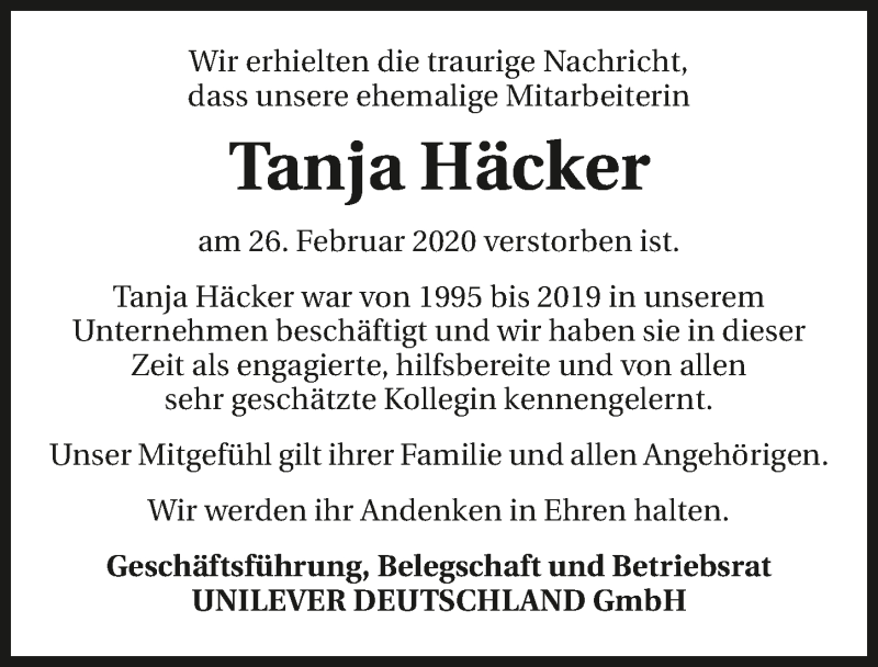  Traueranzeige für Tanja Häcker vom 03.03.2020 aus 