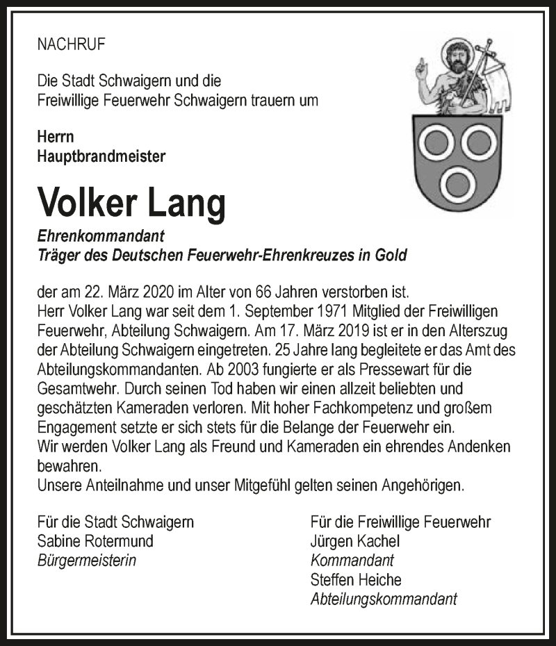  Traueranzeige für Volker Lang vom 28.03.2020 aus 