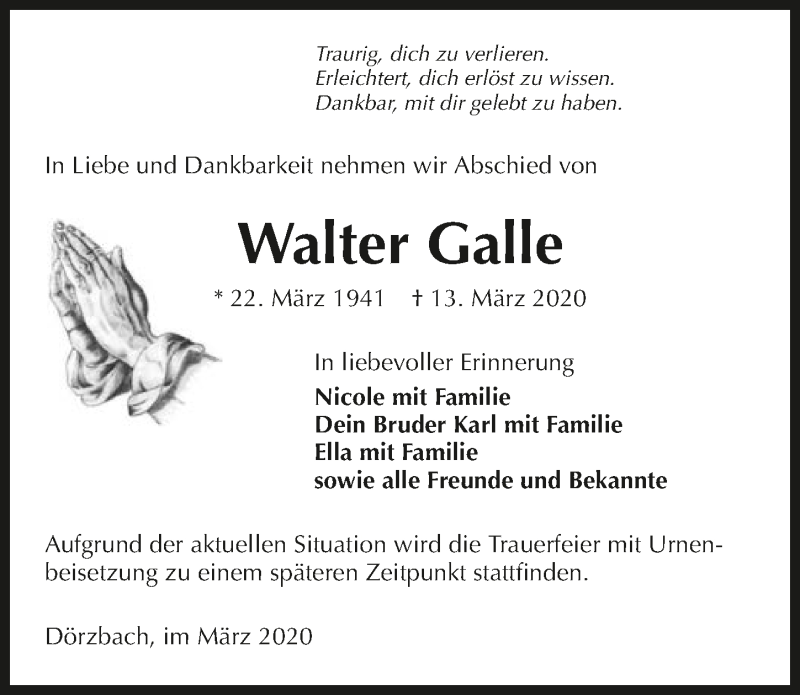  Traueranzeige für Walter Galle vom 20.03.2020 aus 