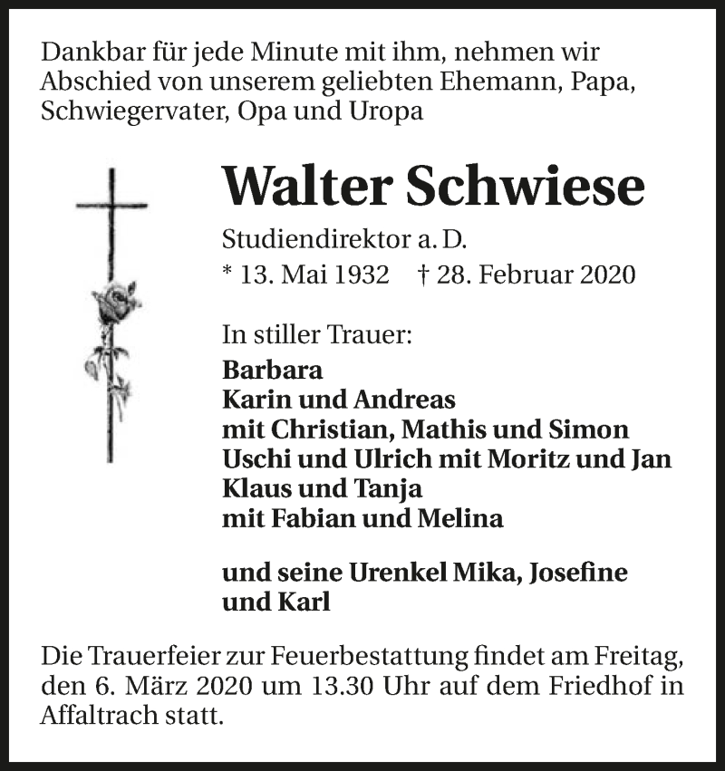  Traueranzeige für Walter Schwiese vom 03.03.2020 aus 