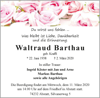 Traueranzeige von Waltraud Barthau 