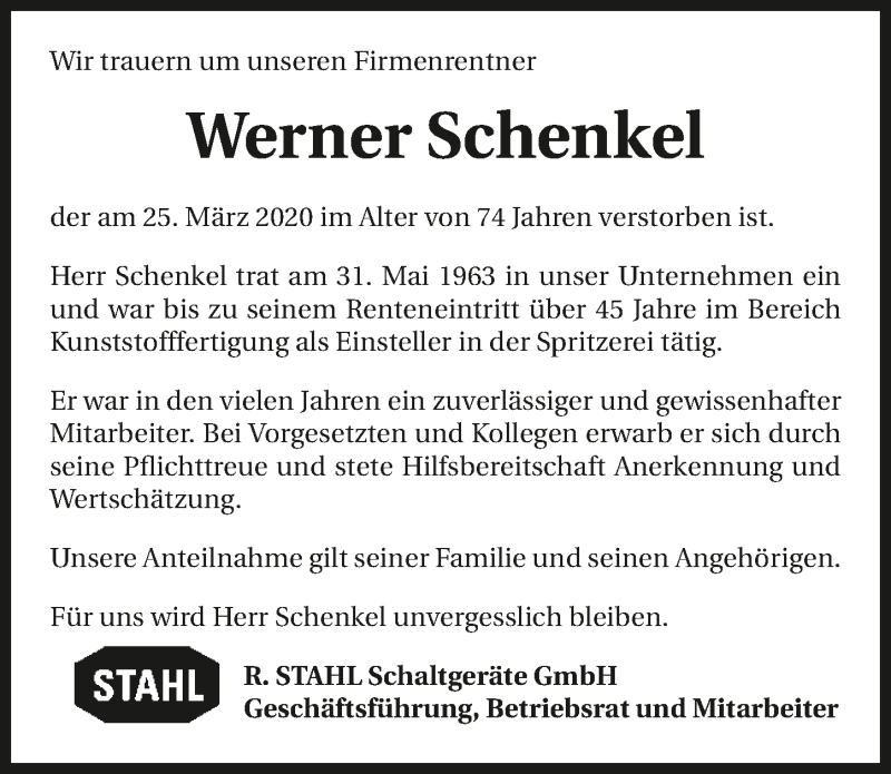  Traueranzeige für Werner Schenkel vom 31.03.2020 aus 